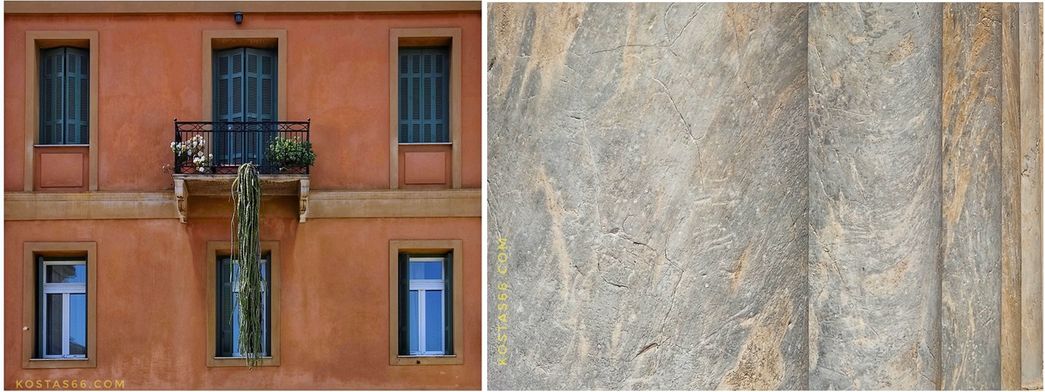 A house at the south perimeter of the archaelogical site (left) and details of the east colonnade (right).