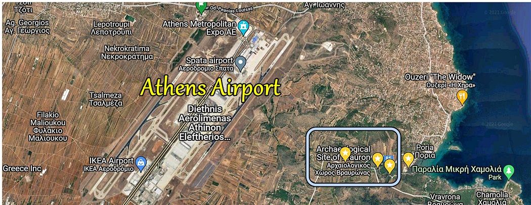 Map of East Attica including the Athens International airport and the Vravrona Archaeological Site.