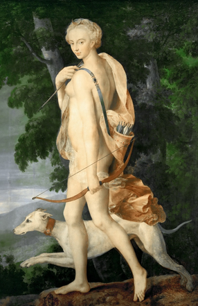 Diana the Huntress, c. 1550, oil on canvas, School of Fontainebleau, 75.25 in x 52 in (191 cm x 132 cm), Musée du Louvre.