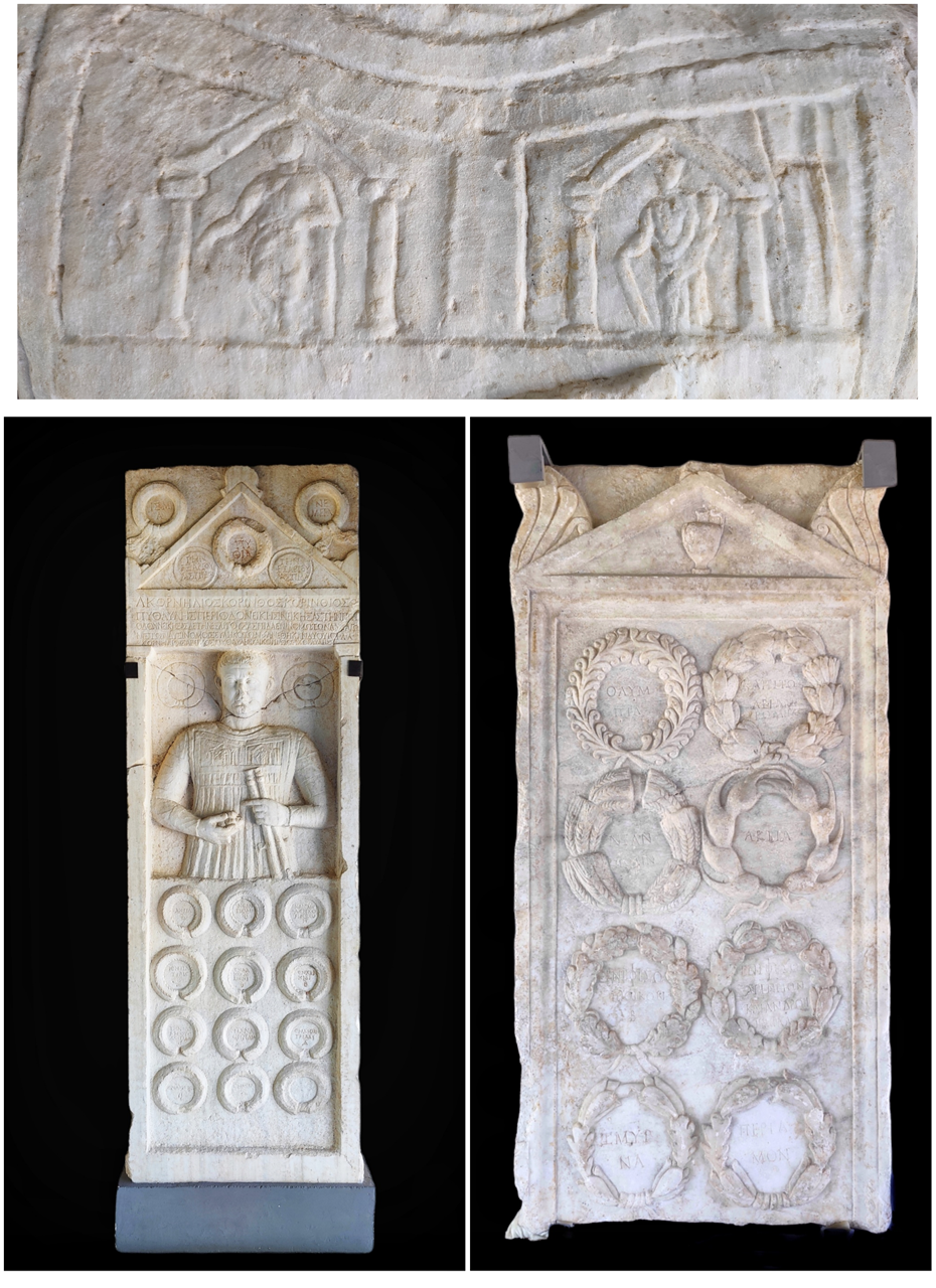 (Bellow left) Victor's stele with portrait of Komelios the Corinthian. According to the architrave inscription the monument was dedicated by two sons, the Komelios Korinthos and the Komelios Sabeinos in honor of their father Loukios Komelios Korinthos who was successful in many musical competitions. (bellow right)  Victor's stele. The victories of the unknown athlete (his name is not preserved) are recorded by inscriptions within the carved wreaths.  (top) Detail of the Komelios' stele.