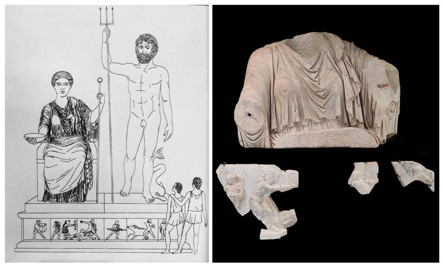 THE COLOSSAL CULT STATUE GROUP of THE TEMPLE OF POSEIDON  The cult statue group was composed of a nude Poseidon with his consort Amphitrite seated on a throne, as shown in the restored drawing. The colossal female torso is approximately 3 times life size; most of the Poseidon is lost. The workmanship is of unusually fine quality, and these sculptures were probably made by Attic craftsmen using pentelic marble. Panels with relief sculptures were mounted on the base of the cult statue group. The Calydonian boar hunt which includes Atalanta with her bow was represented. The other subject, the slaughter of the Niobids, expresses a warning against hubris and foul play. As at Olympia such warnings were directed towards athletes who might be tempted to cheat at the games. The statue group and base belong to the Antonine period (2 c. AD).
