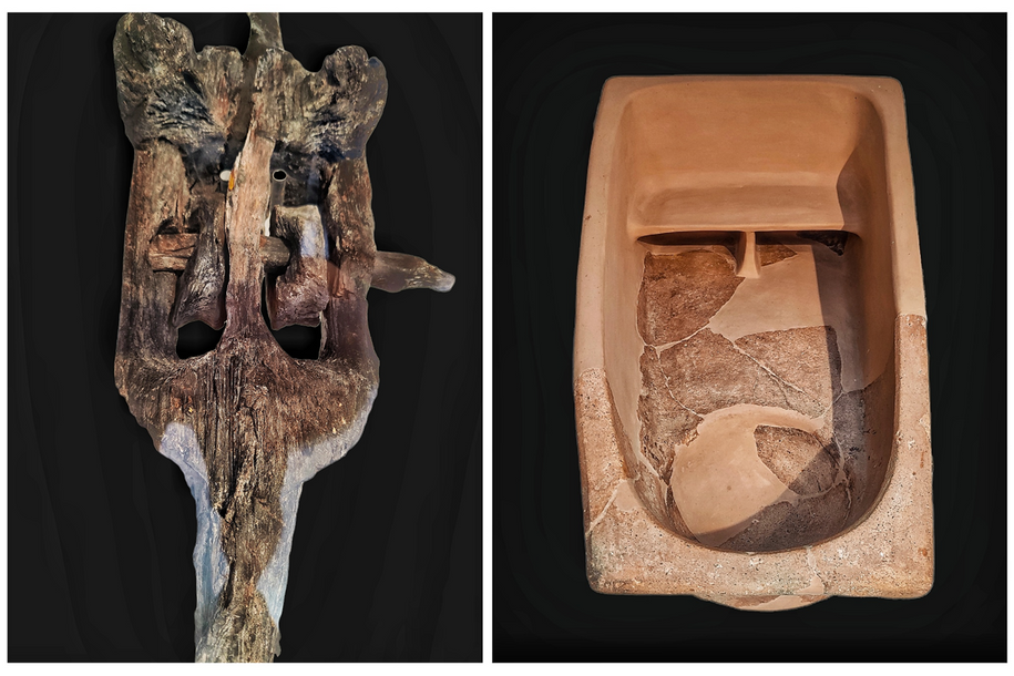Double-sheaved pulley block. Found in association with a series of opus sectile panels.(left).  Terracotta bath tab from Rachi settlement. Hellenistic period. (right).