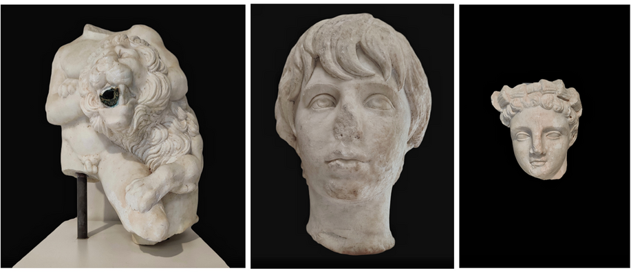 Hercules and the Nemean Lion. A statuary group, used as a fountain sculpture. Found south of the theater. c.150AD. (middle) Portrait of Polydeukes from the Roman Baths. c.150 AD. (right) Head of athlet.