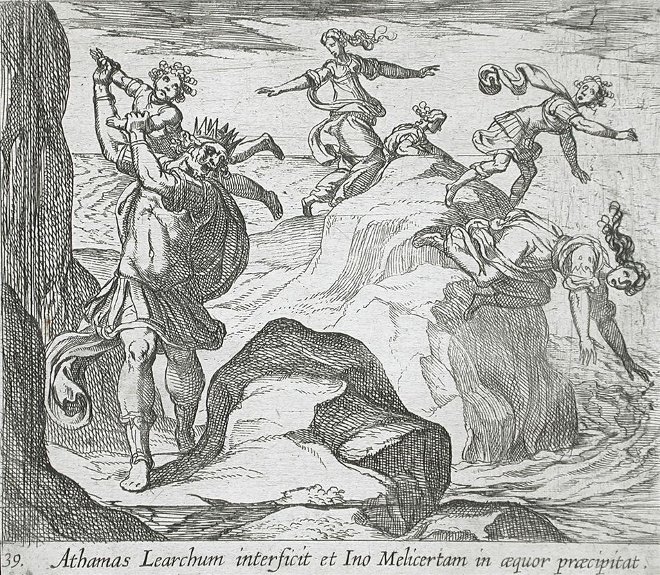 ''The Insane Athamas Killing Learchus, While Ino and Melicertes Jump into the Sea'' by Wilhelm Janson (Holland, Amsterdam), Antonio Tempesta (Italy, Florence, 1555-1630) at Los Angeles County Museum of Art, Los Angeles
